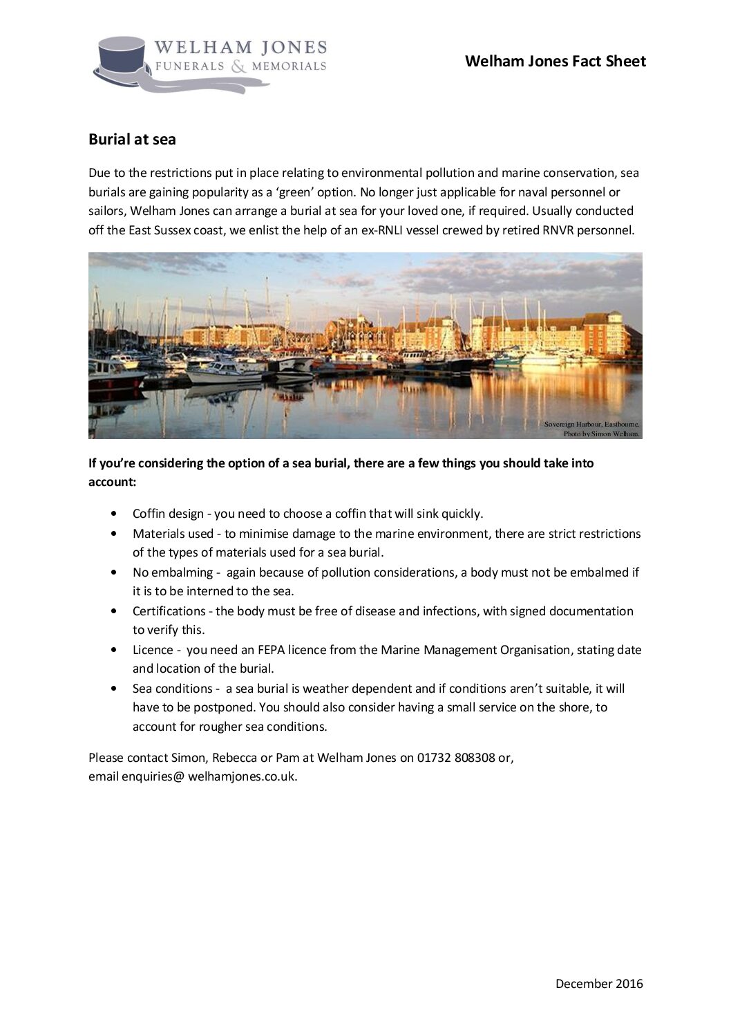Welham Jones Fact Sheet - Burial at sea