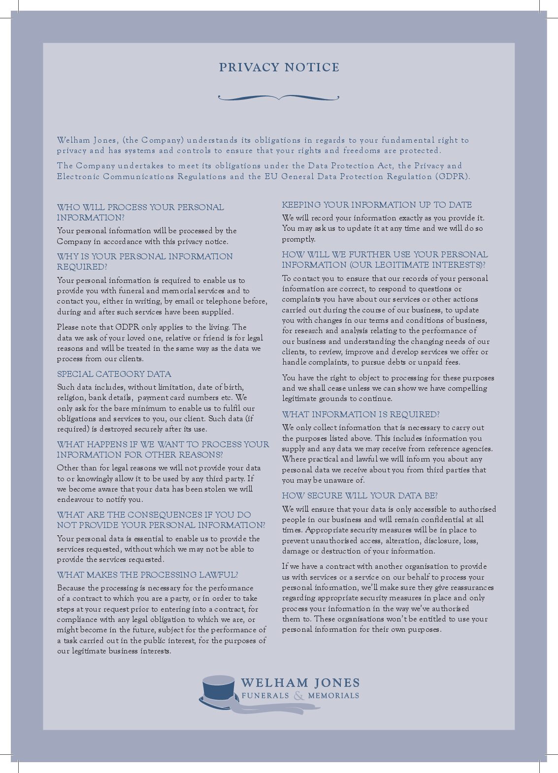 Welham Jones Privacy Notice