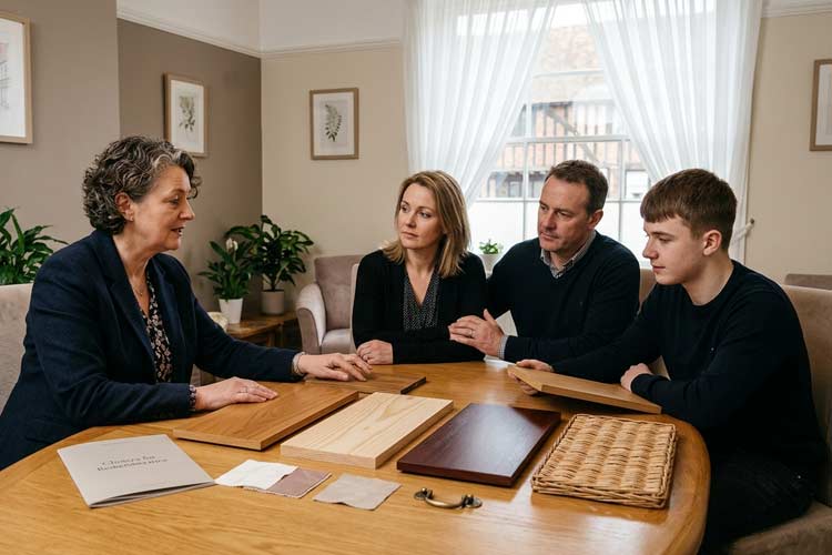 Casket service and coffin selection in Tonbridge with a funeral arranger helping a family choose respectful coffin options.