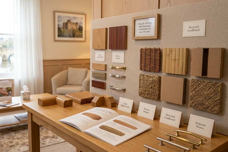 Coffin supplier in Tonbridge showing traditional wooden coffins and eco-friendly willow, bamboo, cardboard and seagrass options.