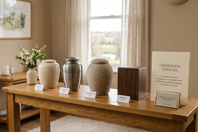 Cremation urns displayed in a respectful funeral home setting for cremation services in Tonbridge.