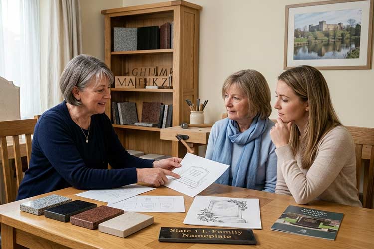 Monument maker and memorial services in Tonbridge with a family reviewing headstone, plaque and grave renovation options.
