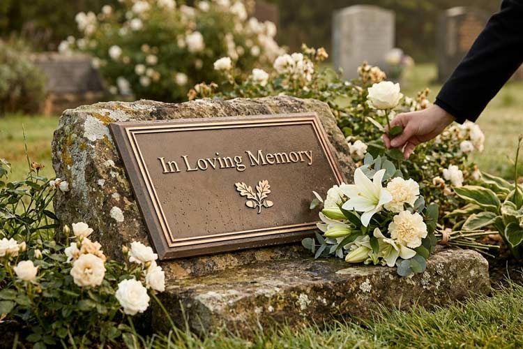 Tunbridge Wells bronze memorial plaque with engraved wording in a peaceful garden setting