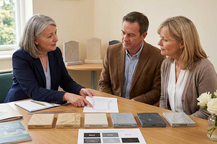 Cemetery monument consultation in Tunbridge Wells showing natural stone samples and approved churchyard memorial designs.