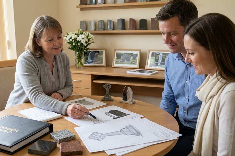 Custom monument consultation at Welham Jones Tunbridge Wells funeral home showing a memorial designer discussing bespoke monument options with a family.