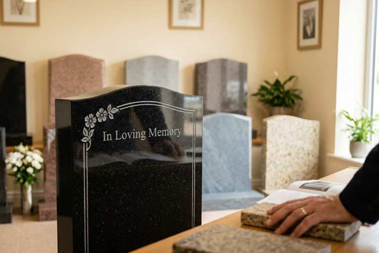 Cemetery monument consultation in Tunbridge Wells showing natural stone samples and approved churchyard memorial designs
