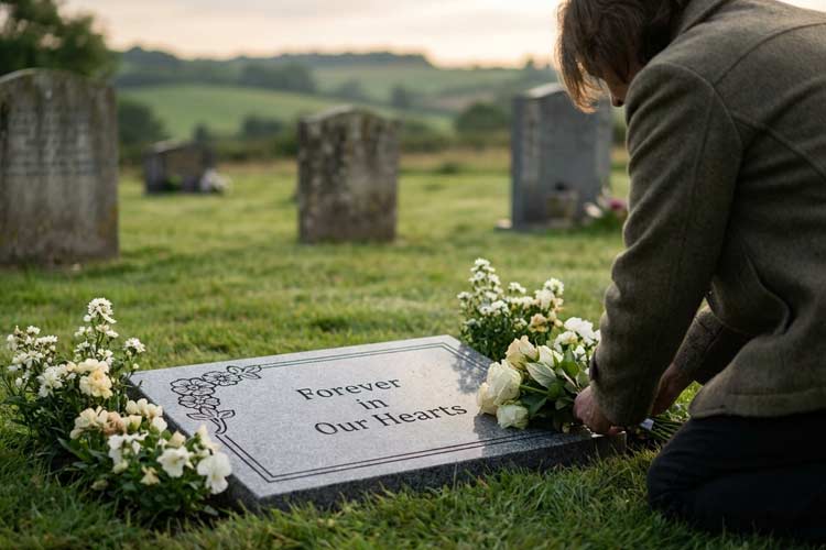 Tunbridge Wells grave marker with simple engraving in a peaceful memorial garden, showing an understated tribute for a loved one