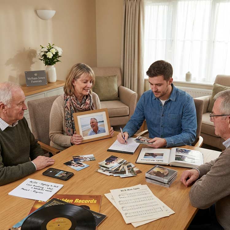 Family planning a personalised traditional funeral service in Tunbridge Wells with photos, music choices and shared memories
