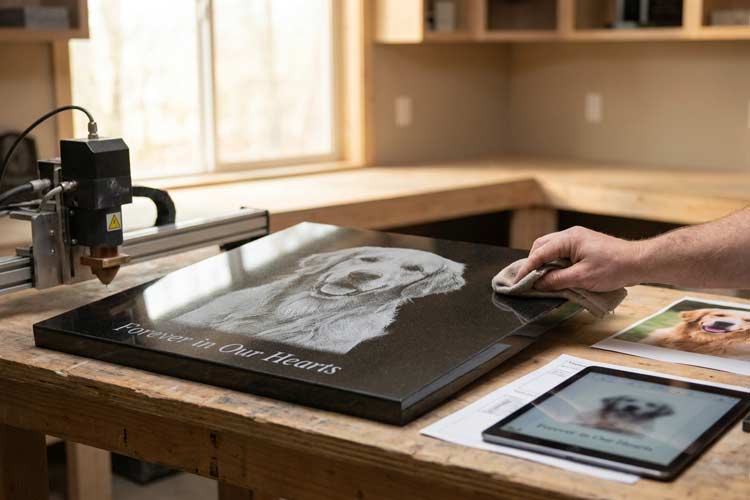 Welham Jones' Tunbridge Wells laser etching service creating a photographic memorial image on granite