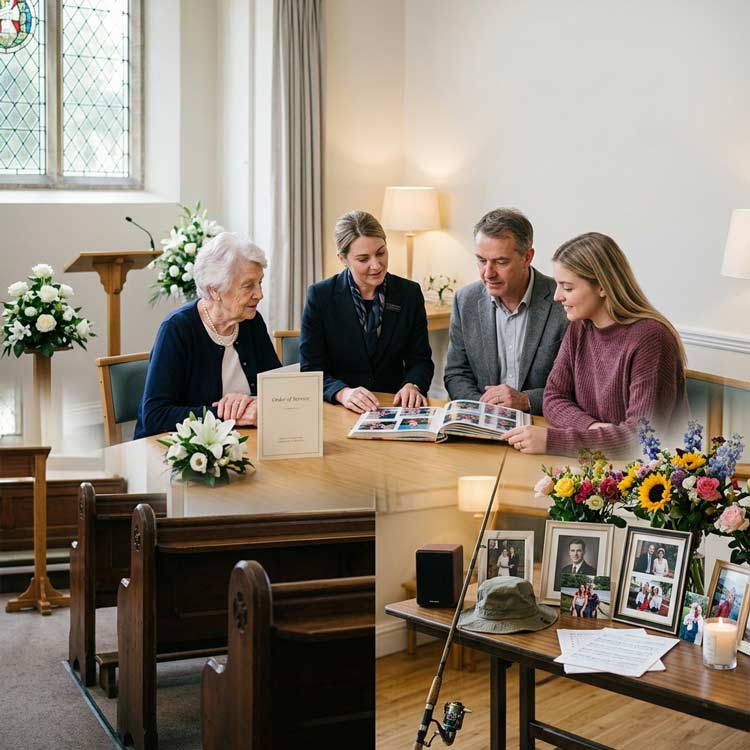 Traditional funeral and celebration of life options in Tunbridge Wells with family discussing funeral arrangements