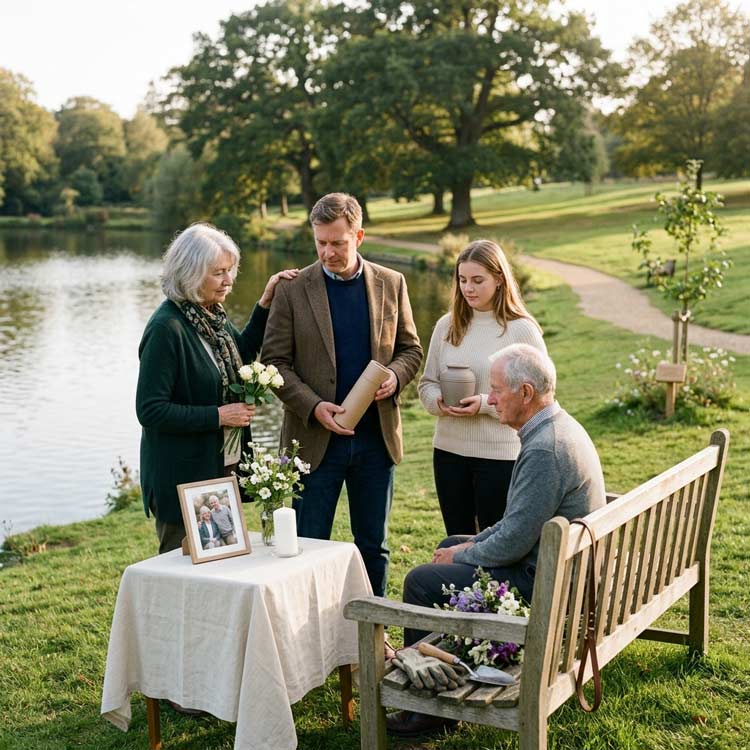 Family considering ashes after cremation in Tunbridge Wells with scattering, home memorial, burial and green funeral options