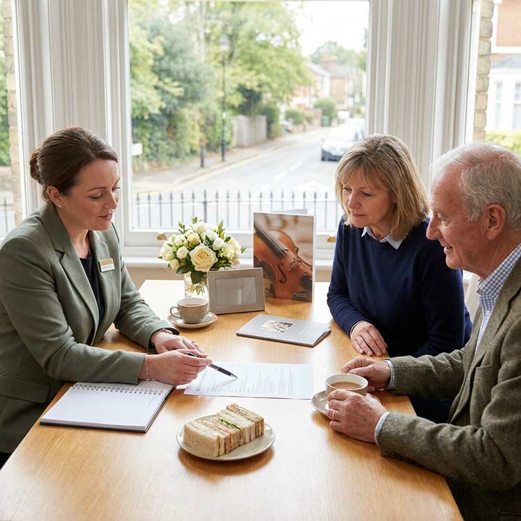 Funeral director in Tunbridge Wells explaining upfront funeral costs and written estimates to a family