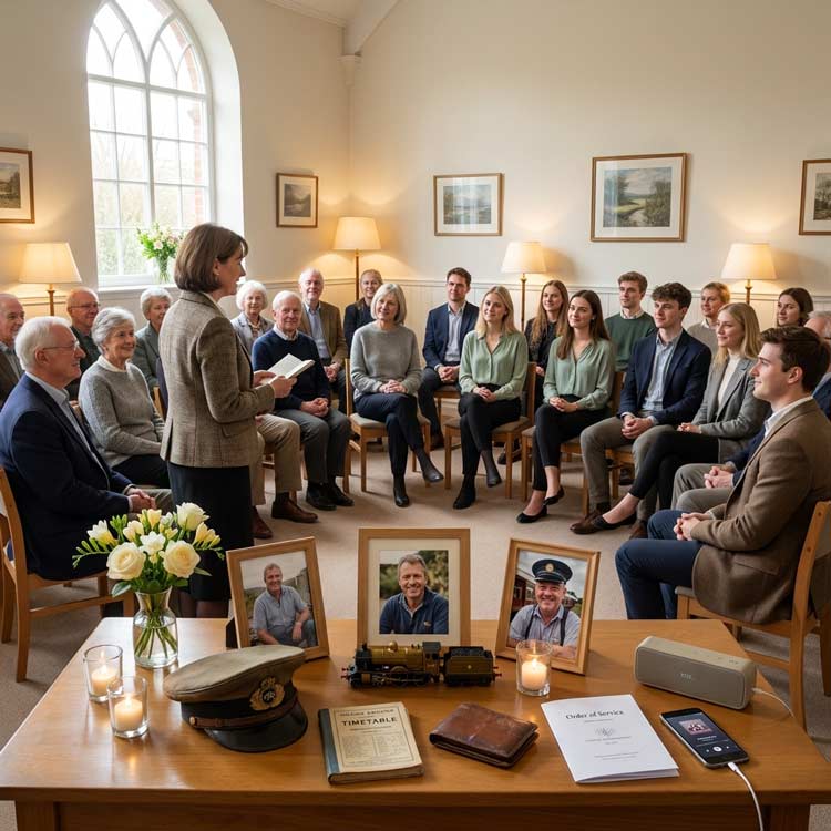 Celebration of life service in Tunbridge Wells with family memories, photographs, personal tributes and railway keepsakes