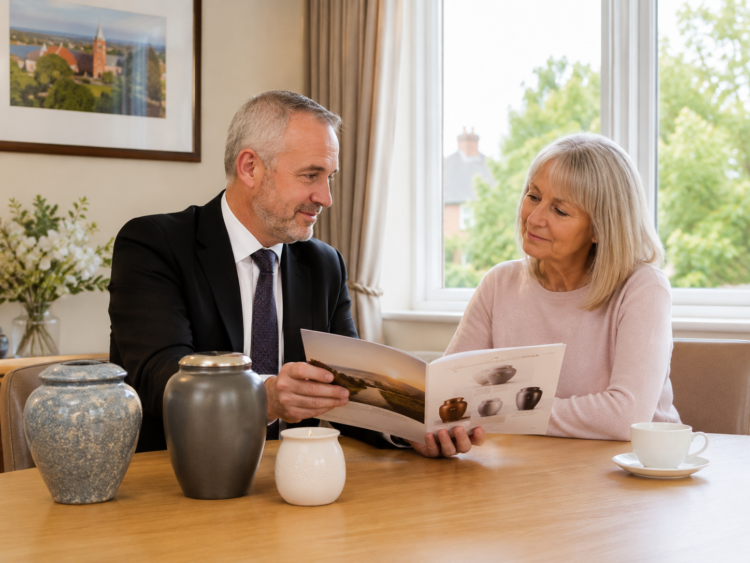 Funeral director helping a family choose casket and urn options in Orpington and Chelsfield.