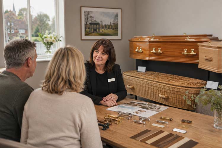 Funeral arranger helping a family choose coffin options in Orpington and Chelsfield, with wood samples and coffin handles displayed.