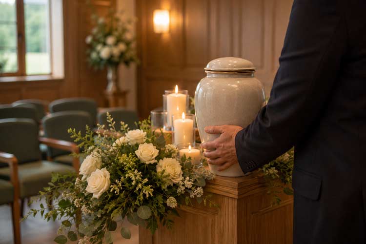 Cremation service in Borough Green with a funeral urn, white flowers and candles in a calm chapel setting.