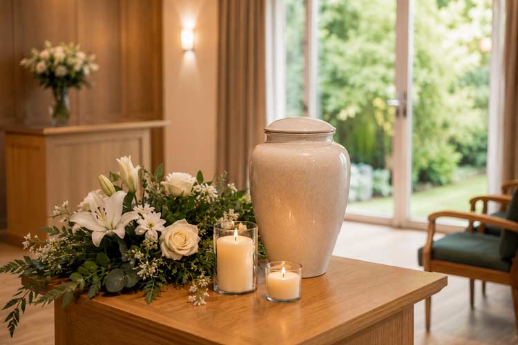 Cremation service in Orpington and Chelsfield showing a funeral urn with flowers and candles in a peaceful chapel.