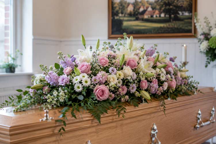 Florist services for funeral tributes in Borough Green, showing a coffin spray with pink roses, white lilies and soft seasonal flowers.