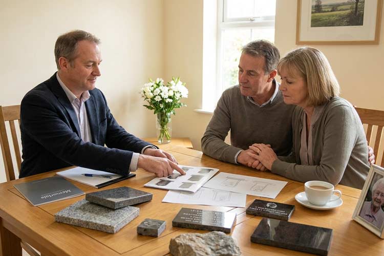 Welham Jones Tunbridge Wells headstone designer helping a bereaved couple choose memorial design options.