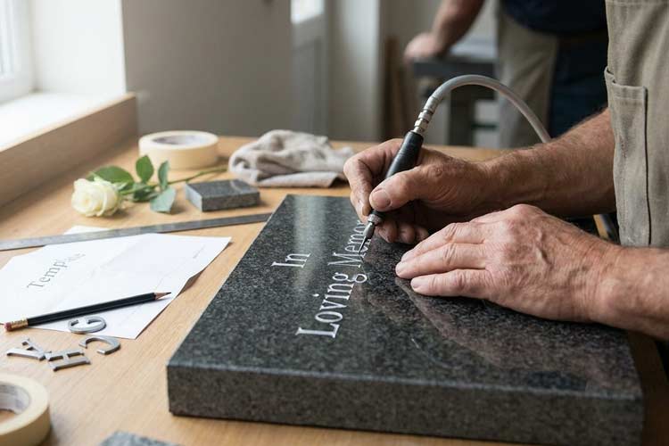 Memorial engraver carefully lettering a polished headstone as part of Welham Jones memorial services.