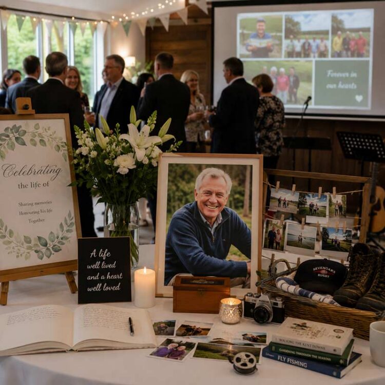 Celebration of life gathering with photographs, flowers and personal keepsakes displayed on a memorial table.