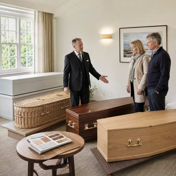 Funeral arranger showing a family several wooden, wicker and modern coffin choices.