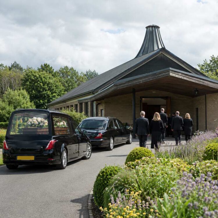 Hearse and funeral limousines outside a crematorium as mourners enter for a service.