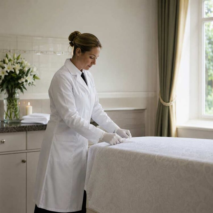 Funeral care professional preparing a covered table in a clean, softly lit care room.