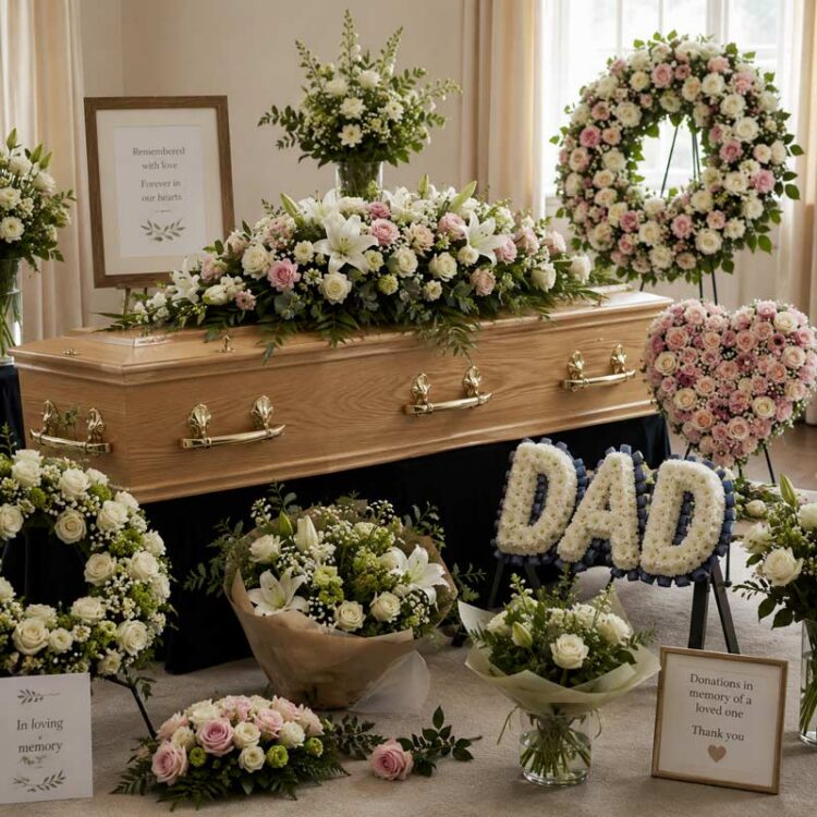 Coffin surrounded by a spray, wreath, heart tribute and other funeral flower arrangements.