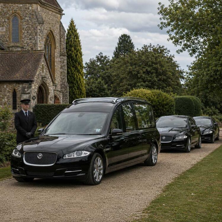 Black Jaguar hearse and funeral limousines lined up outside a country church.