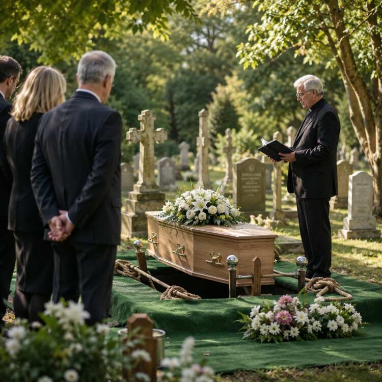 Minister reading beside a coffin as family members attend a graveside funeral service.