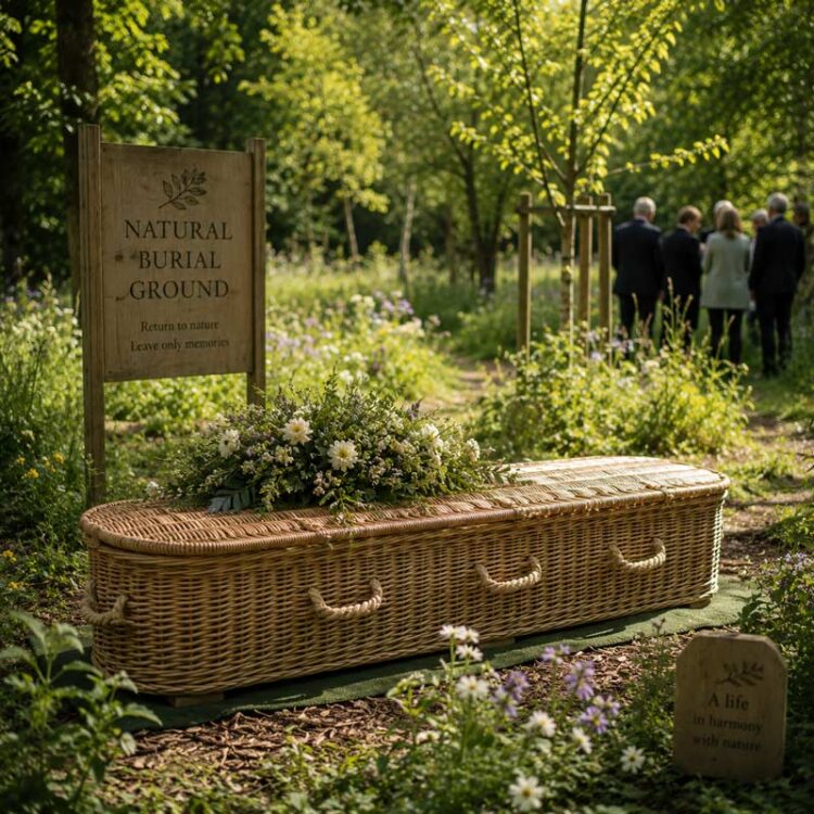 Wicker coffin with seasonal flowers in a woodland natural burial ground.