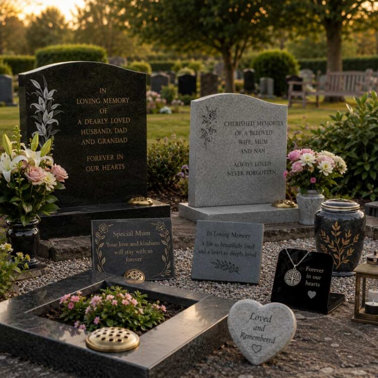 Headstones, memorial plaques, an urn and keepsakes displayed in a landscaped cemetery.