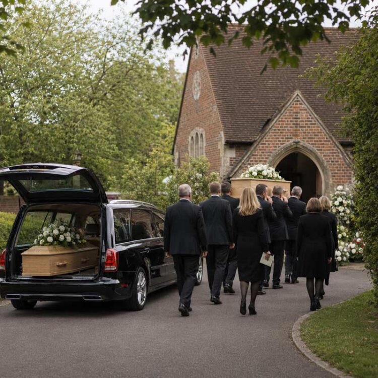 Funeral bearers carrying a flower-topped coffin towards a traditional English church.