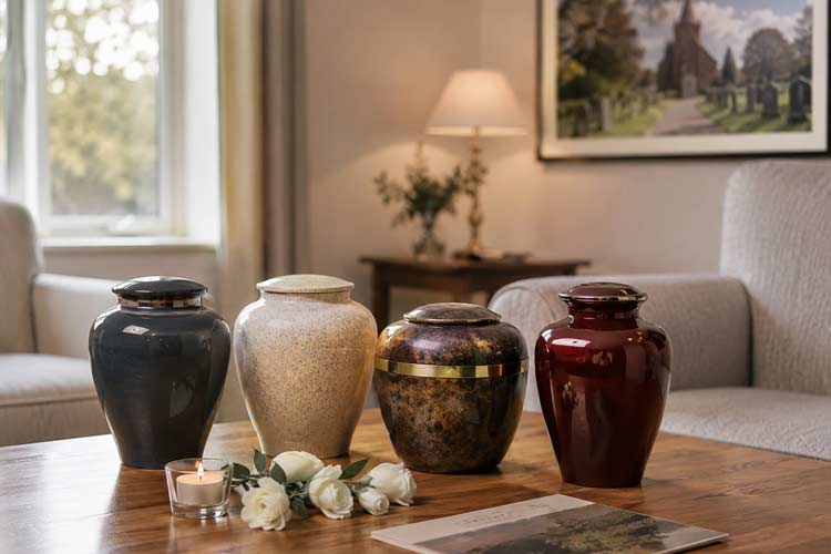 Casket selection and funeral options in Chislehurst and Bromley, with urns displayed in a calm funeral home setting.