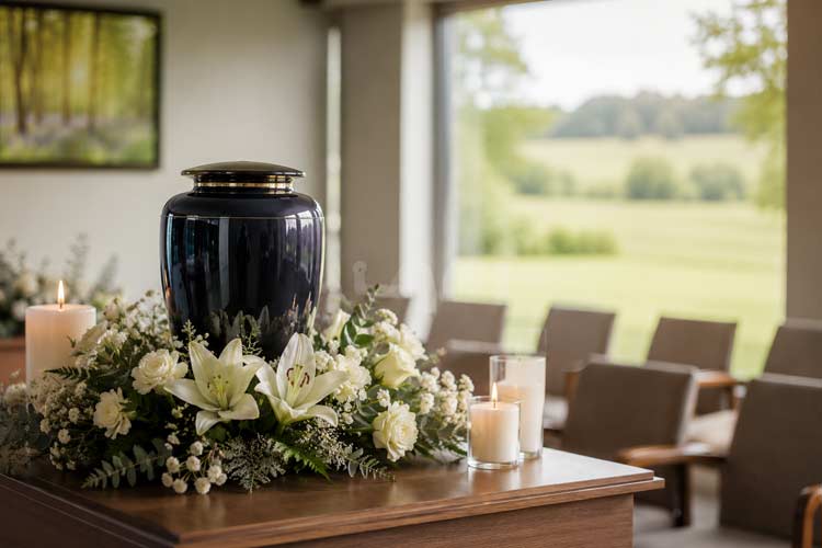 Casket and urn selection display for families arranging a funeral in Sevenoaks.