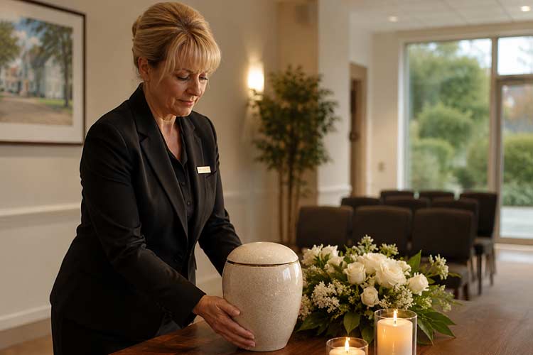 Funeral arranger in Swanley preparing an urn and floral tribute as part of casket and funeral arrangement support.
