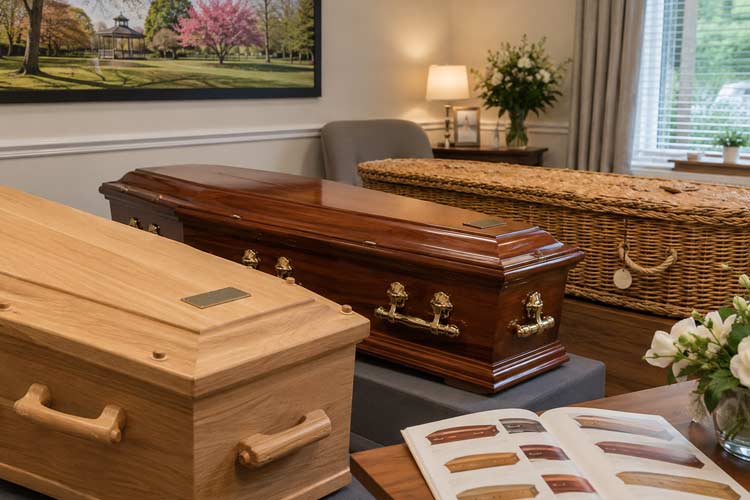 Coffin supplier in Swanley showing wood, veneer and willow coffin options with a funeral brochure in a calm consultation room.