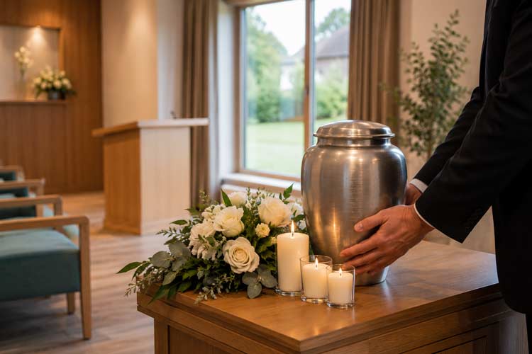 Casket selection and funeral options in Chislehurst and Bromley, with urns displayed in a calm funeral home setting.