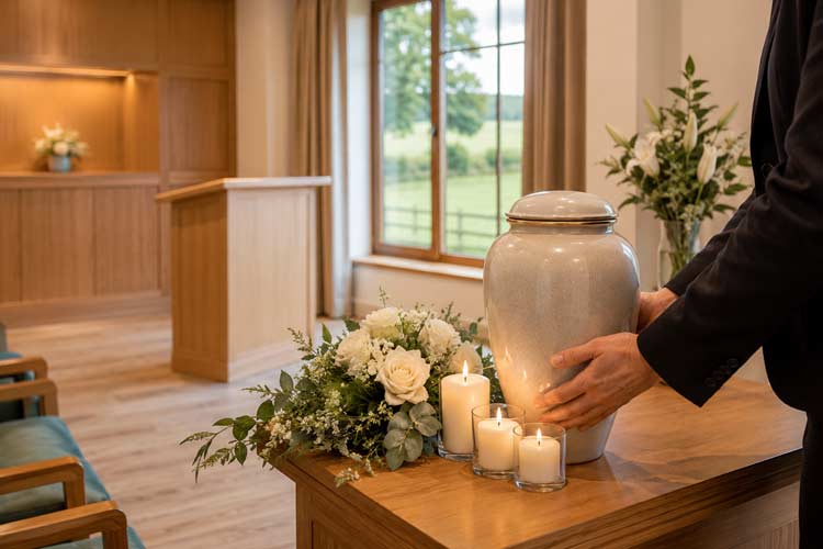 Cremation service in Sevenoaks showing an ashes urn with white flowers and candles in a respectful funeral home chapel.