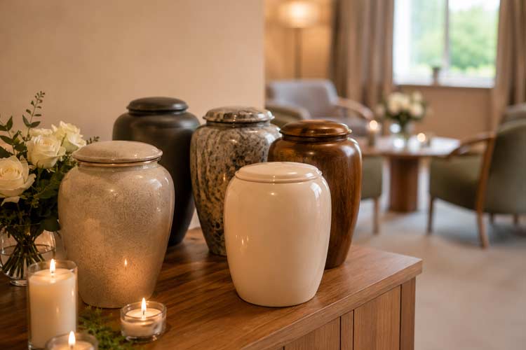 Cremation service in Swanley with a funeral urn, floral tribute and candles in a dignified chapel setting.