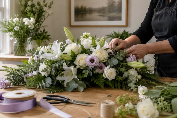 Florist arranging white lilies, roses and greenery for funeral flower tributes in Chislehurst and Bromley.