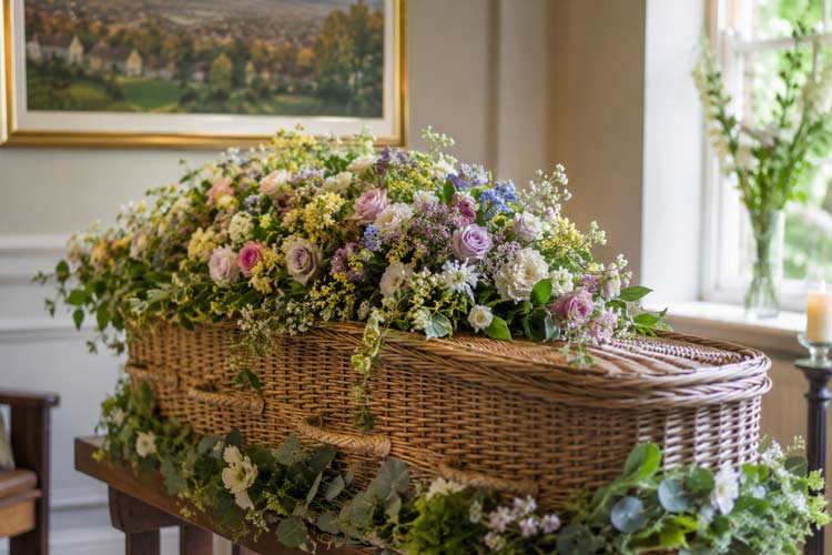 Willow coffin with colourful funeral flowers and natural greenery for florist services in Sevenoaks.