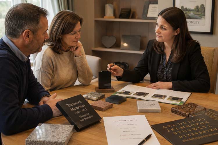 Family discussing memorial services and headstone options with a funeral arranger in Chislehurst and Bromley.