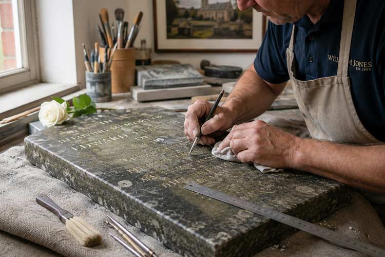 Stonemason restoring and engraving a memorial stone as part of monument maker services in Sevenoaks.