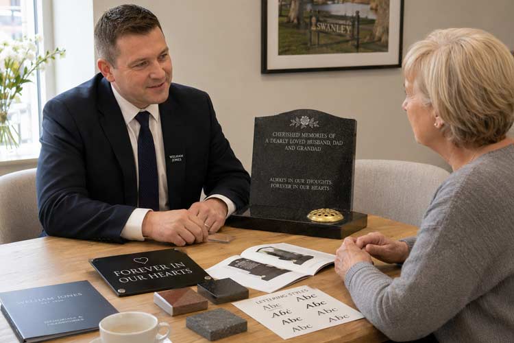 Funeral arranger discussing headstone lettering and memorial options with a family in Swanley.