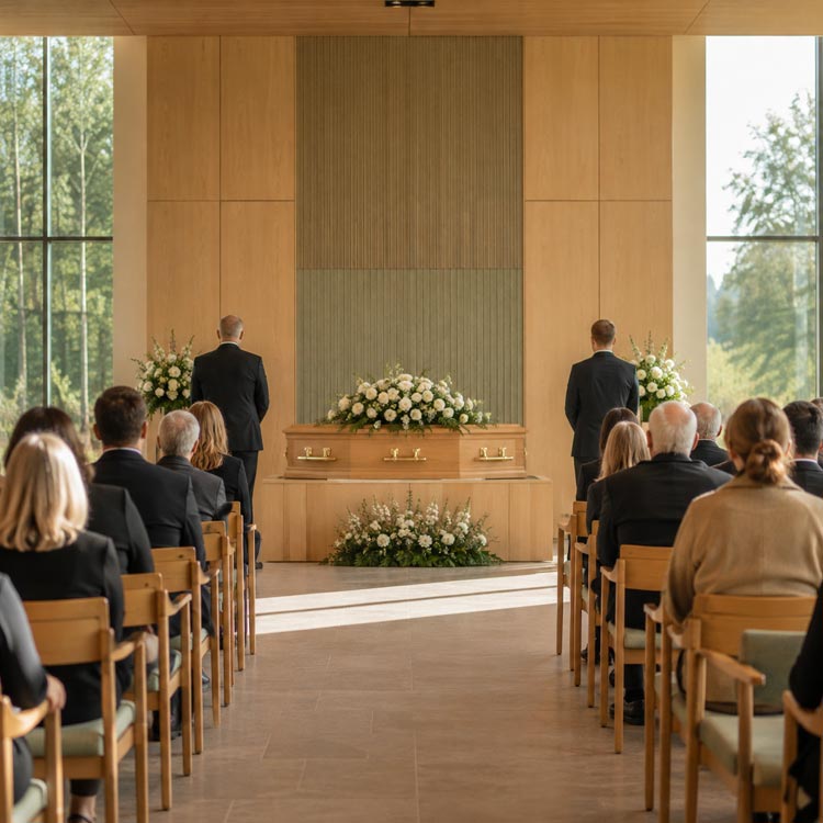 Attended cremation in Borough Green with family and friends gathered for a respectful crematorium service with coffin and flowers.