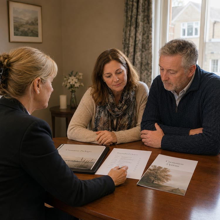 Cremation packages in Borough Green with a funeral arranger explaining clear pricing, cremation options and written itemised costs.
