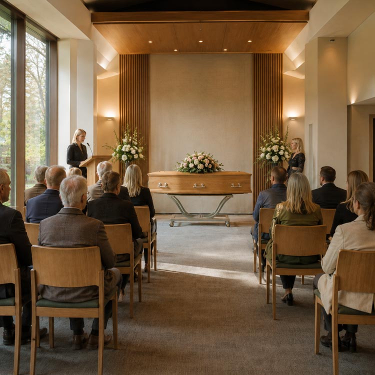 Cremation with a service in Borough Green showing family and friends gathered for a personal crematorium ceremony with coffin and flowers.