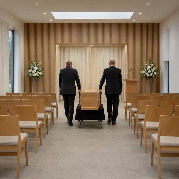 Direct cremation in Borough Green with two funeral directors beside a coffin in a quiet crematorium chapel with empty seating.